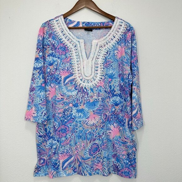 Talbots Bright Flowing Floral Lace Trim Tunic Beachy Casual Colorful Size 1X - Picture 1 of 9